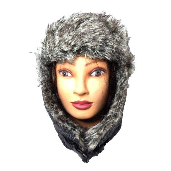 Hawkins 1986 Trapper Hat Russian Ear Flap Plaid Gray Faux Fur Trim Winter Skiing - Picture 1 of 8